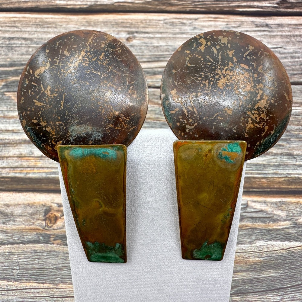 Mixed Metal Geometric Disc Earrings Abstract Patina Statement Boho Art Vintage